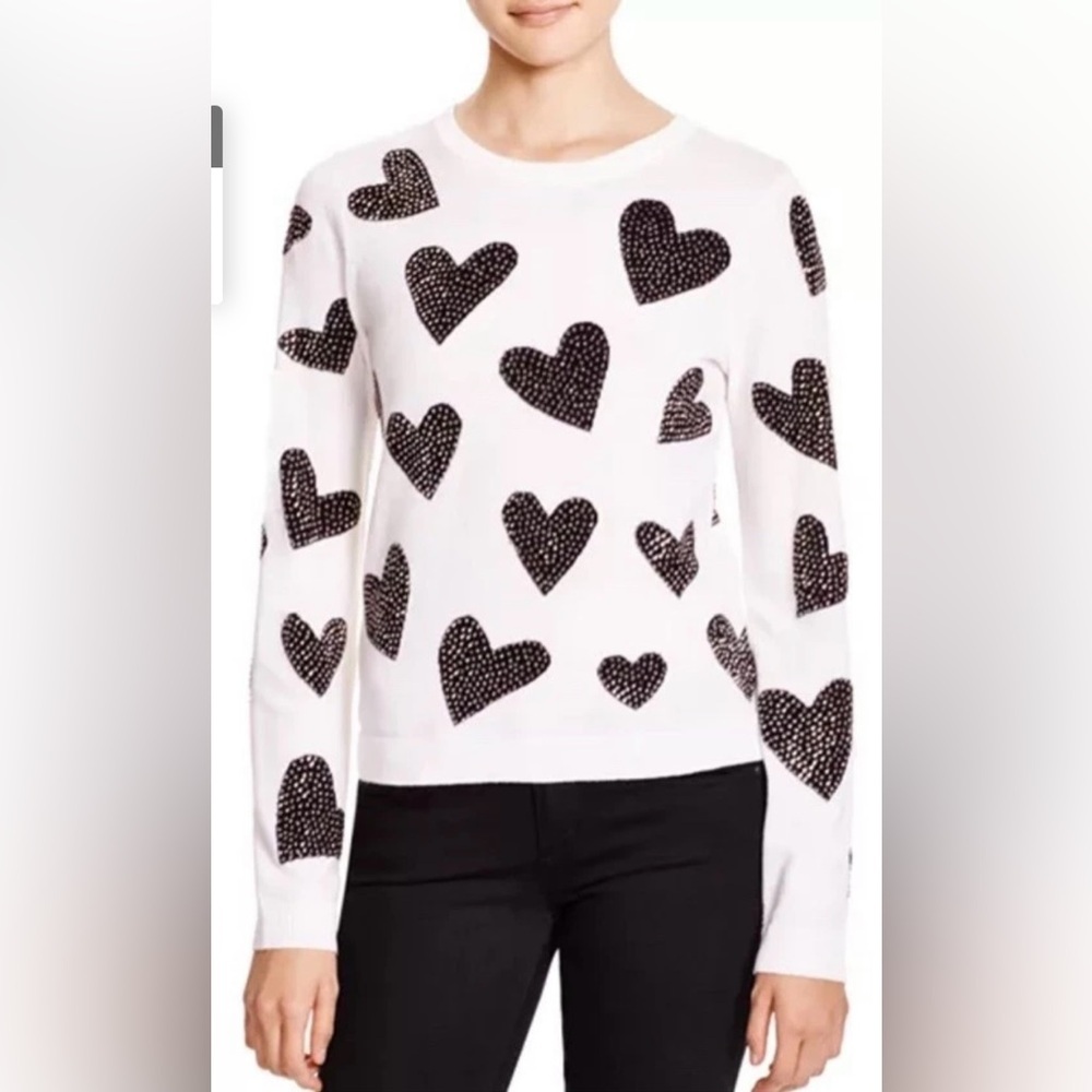 NWT Alice + Olivia Reinstone Hearts Wool Crewneck Sweater in Cream Black Size XS
